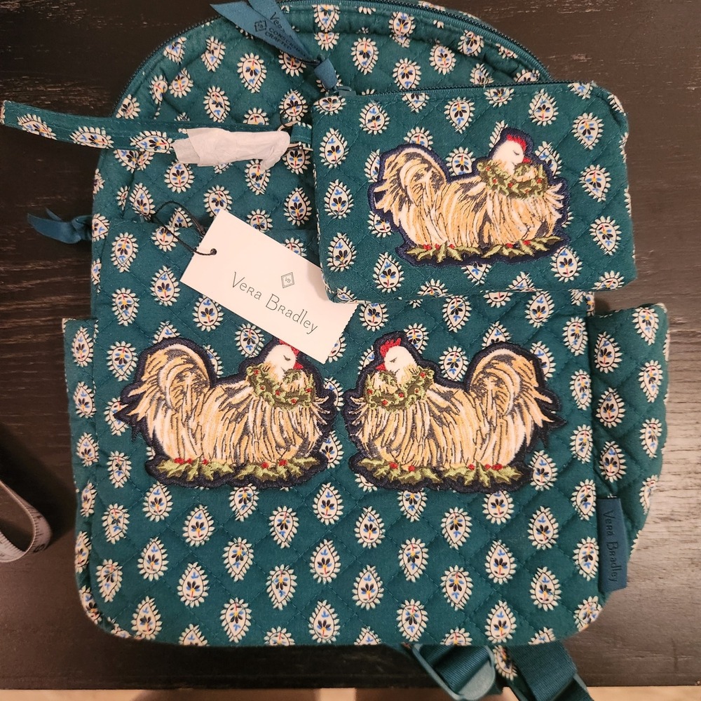 Vera Bradley Small Backpack & Coin Purse Set Teal Quilted Chicken Embroidery NWT